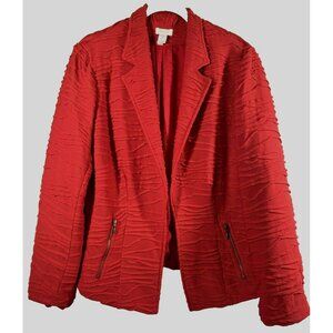 Chicos Womens Jacket Size Large Solid Red Textured Lined Long Sleeve Zip Pockets